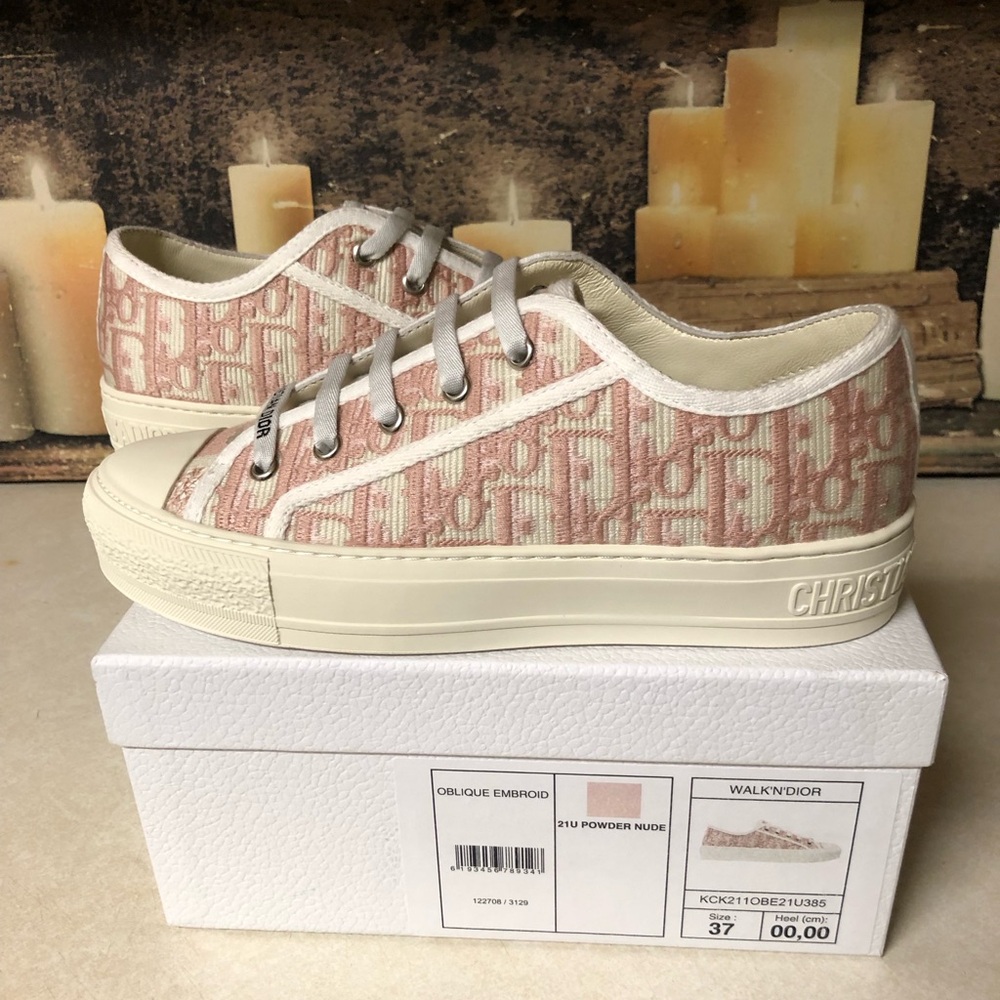 Dior WalkNDior Monogram Sneaker Cloth Knit Low-Top Women Size 7 White/ Pink